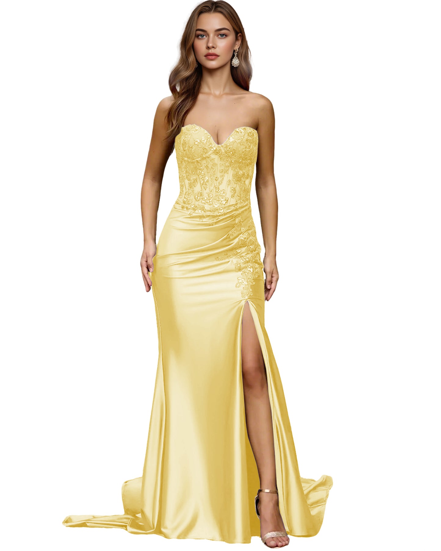 Strapless Emerald Satin Mermaid Prom Dress with Beaded Bodice and Slit