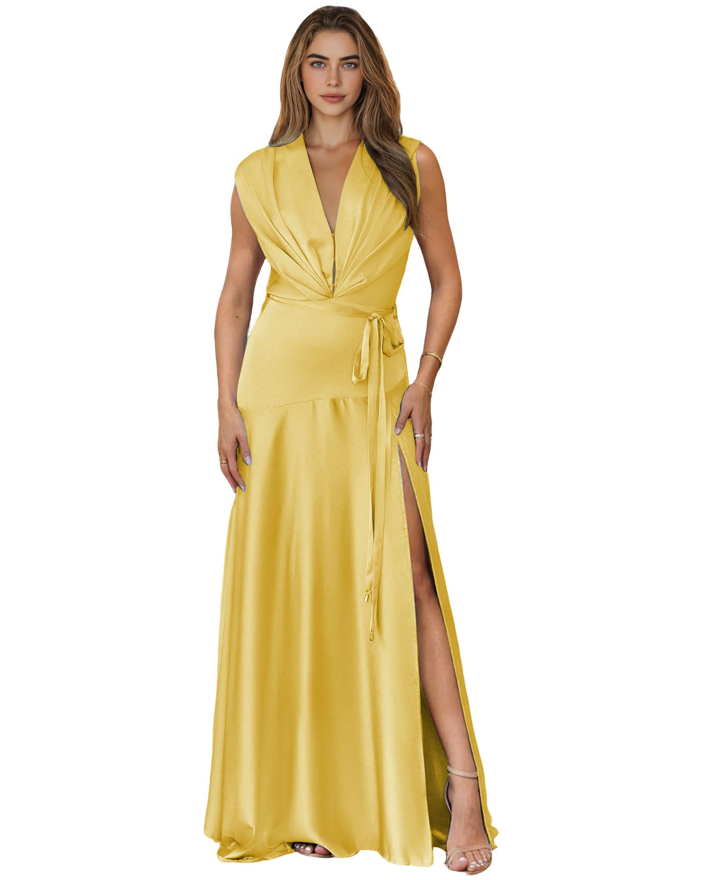 Plunging V-Neck Satin A-Line Prom Dress with Wrap Waist and Slit