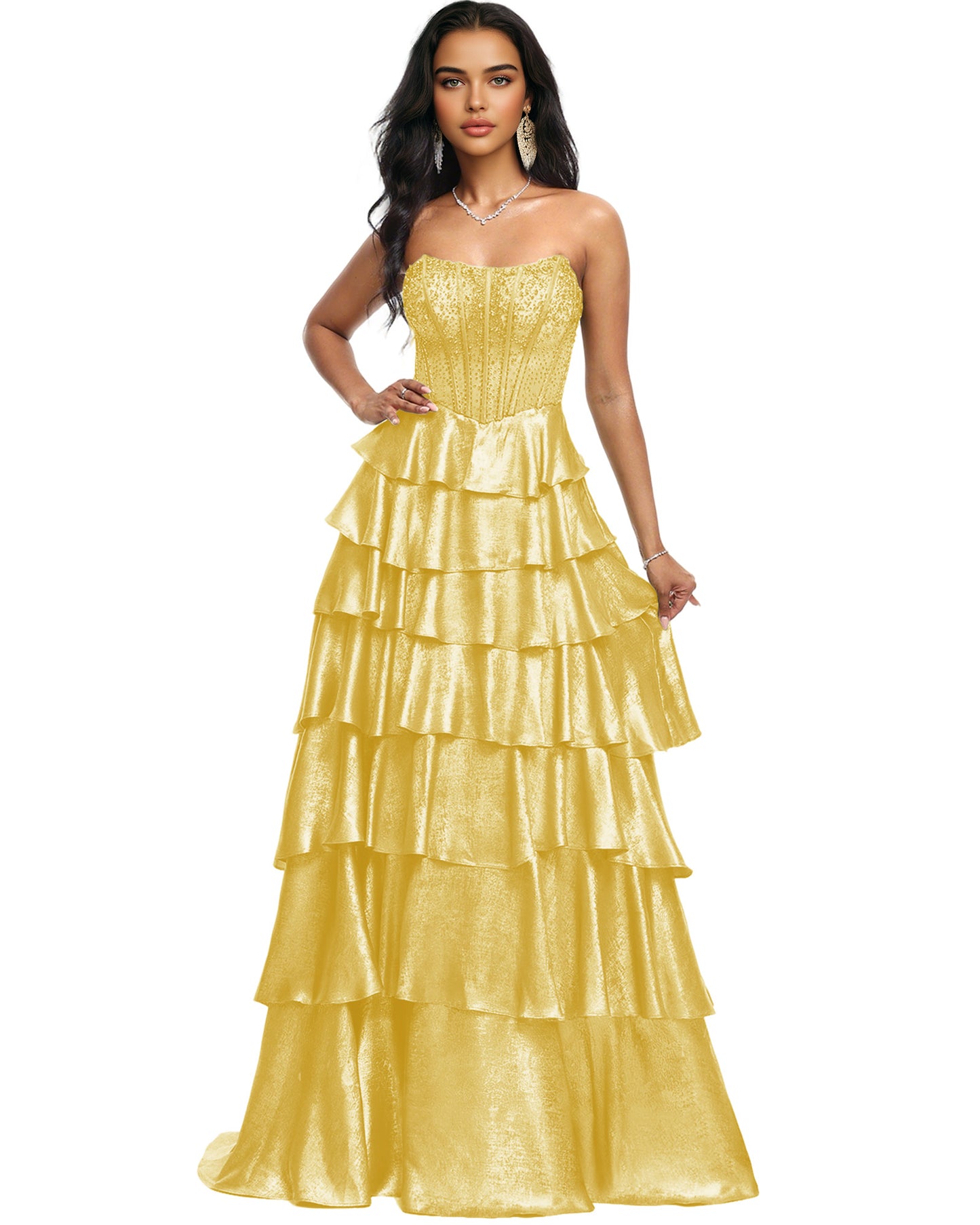Strapless Tiered Sequin A-Line Prom Dress with Ruffle Layers