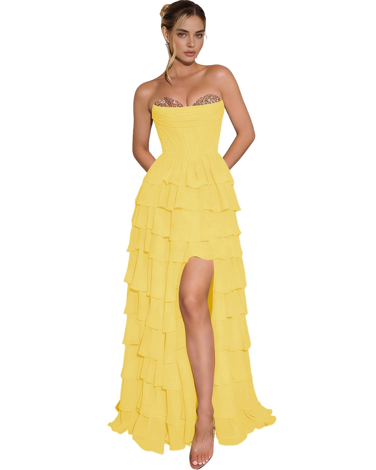 Strapless Layered Tulle Prom Dress with Corset Bodice and High Low Hem