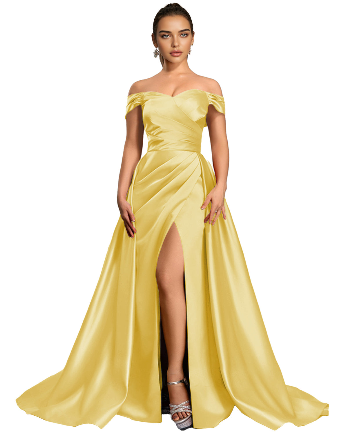 Off Shoulder Satin Ball Gown Prom Dress with Draped Bodice and Slit