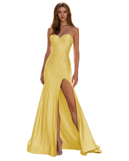 Strapless Sequin Column Prom Dress with Side Slit and Sweep Train