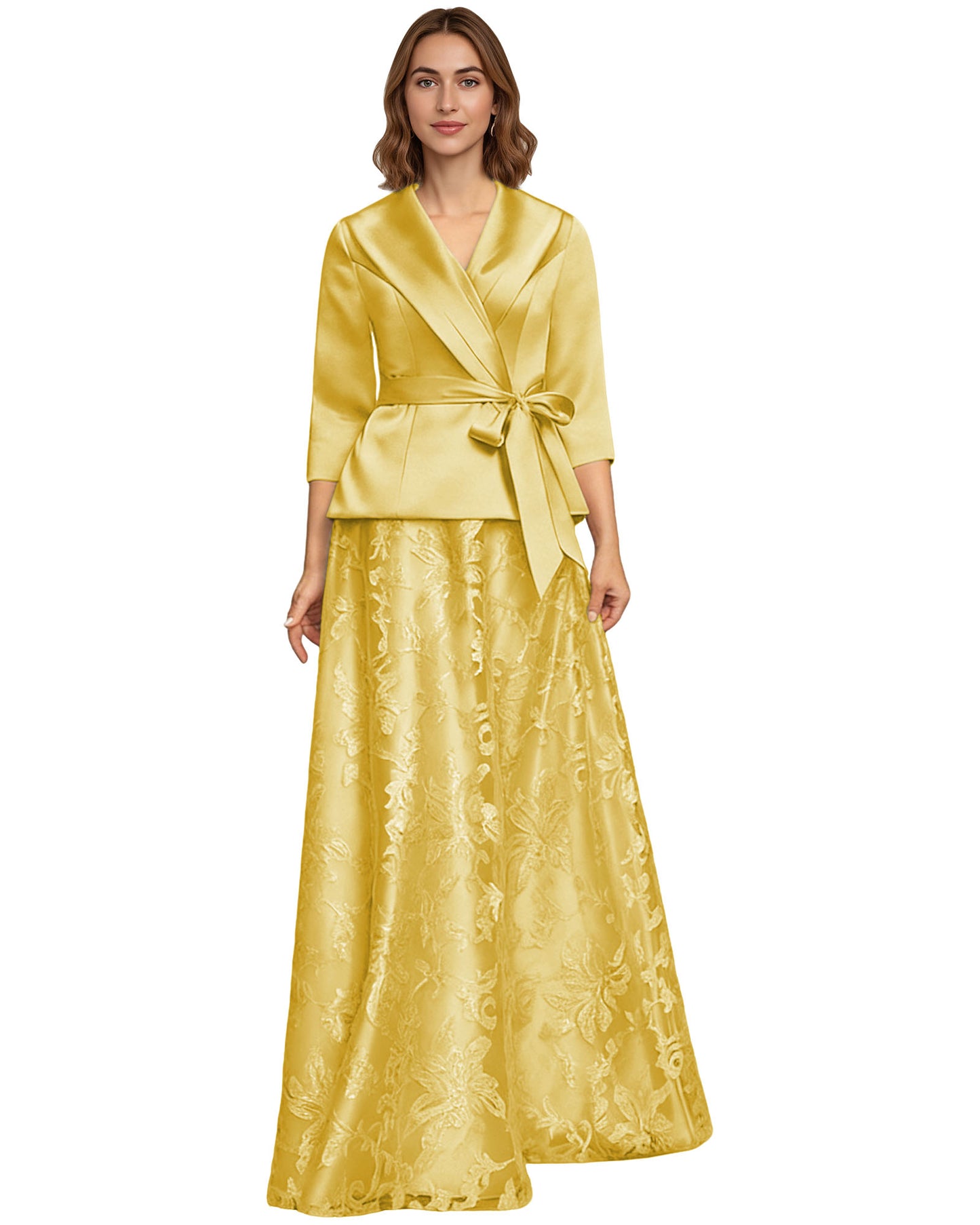 Two Piece Mother of the Bride Dress Satin Wrap Top Embroidered Long Skirt Formal Set