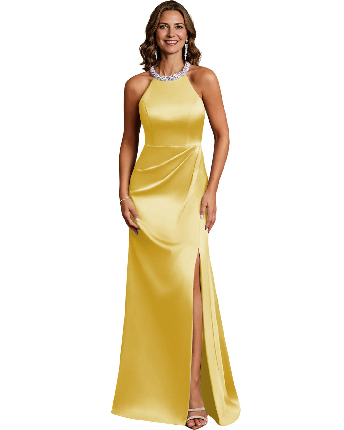 Halter Neck Mother of the Bride Dress Satin Mermaid Gown with Beaded Collar and Slit