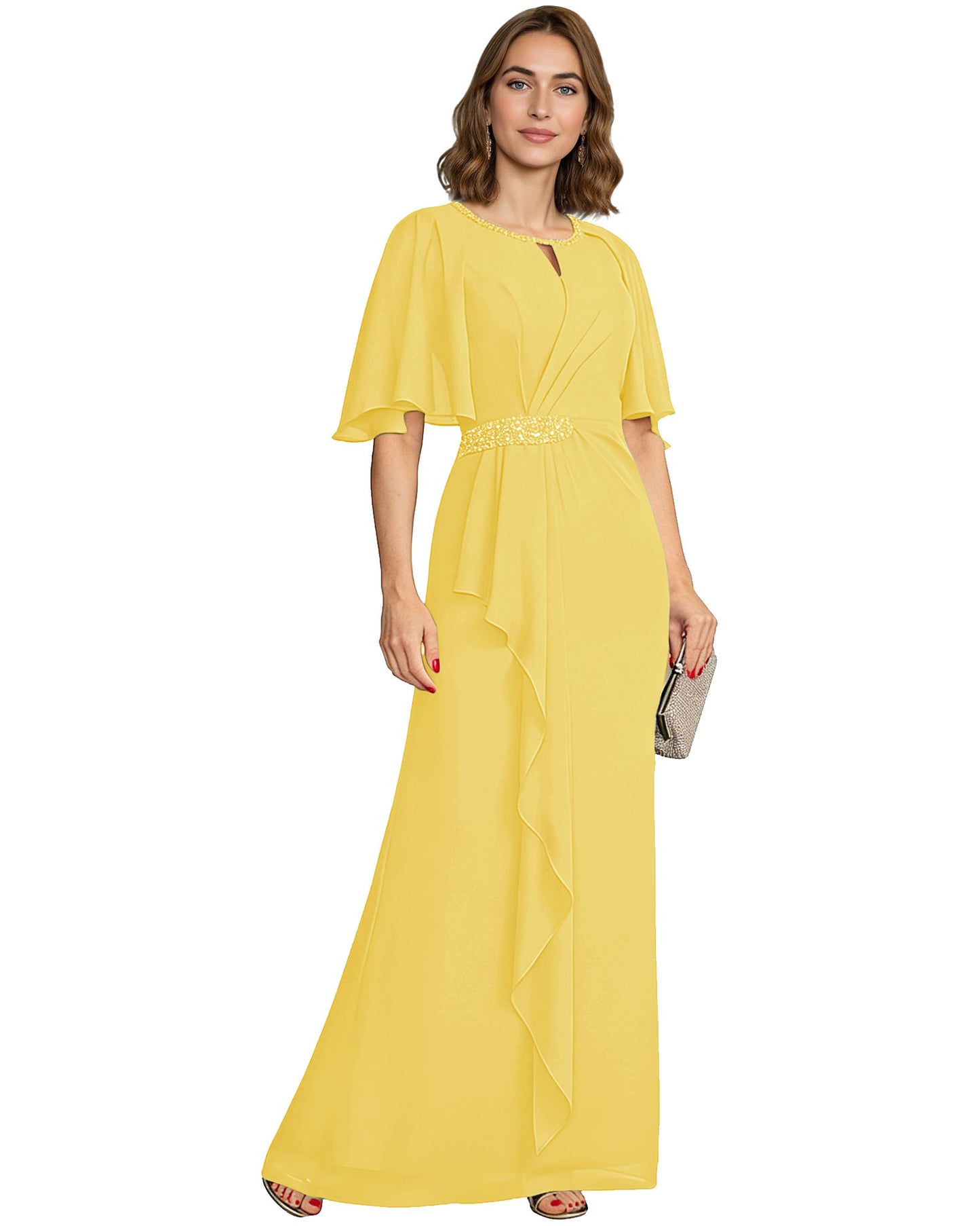Long Mother of the Bride Dress Chiffon Flutter Sleeve Beaded Waist Formal A-Line Gown