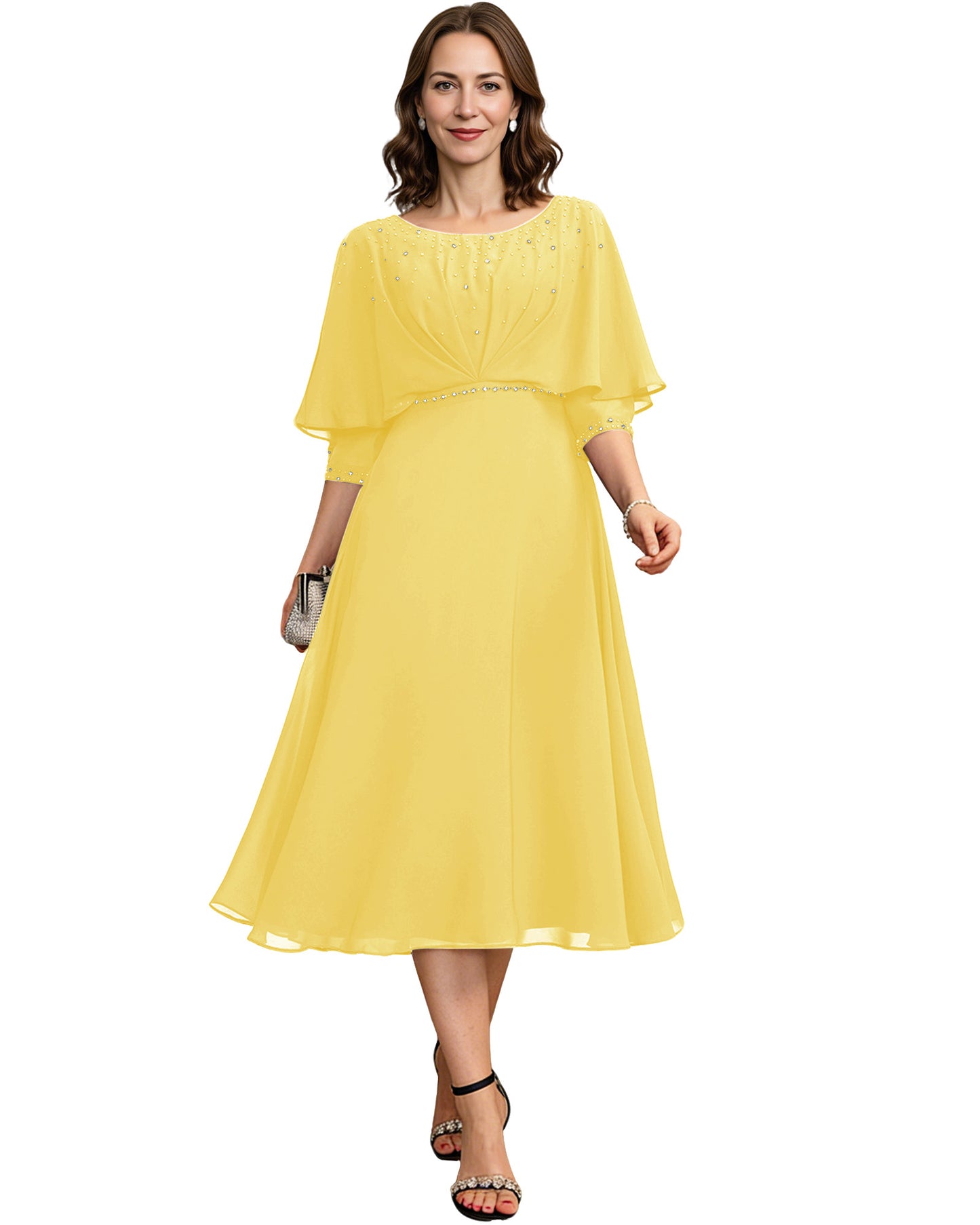 Beaded Cape Mother of the Bride Dress Tea Length Chiffon A-Line Formal Guest Gown