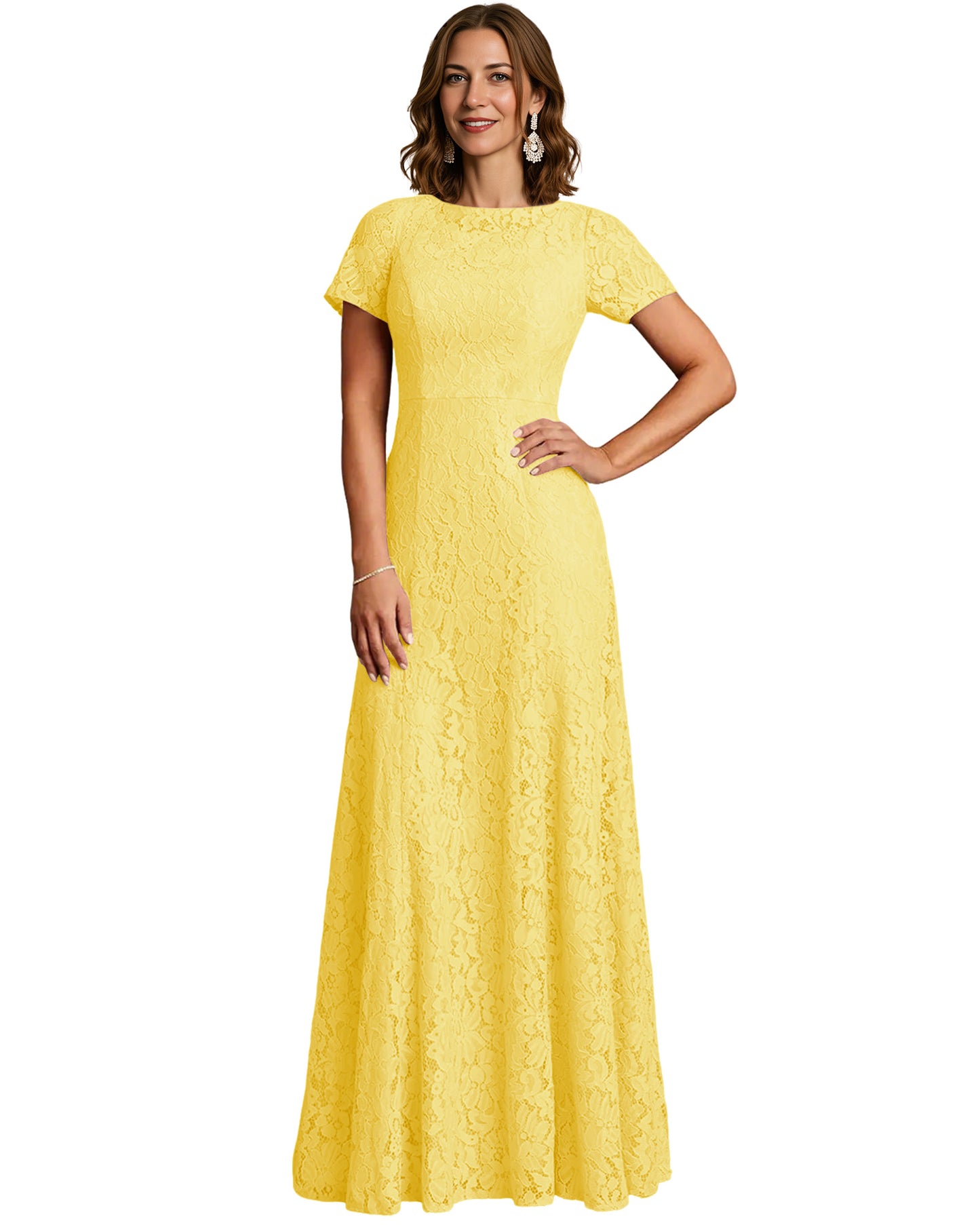Long Lace Mother of the Bride Dress Short Sleeve Mermaid Gown with Crew Neckline