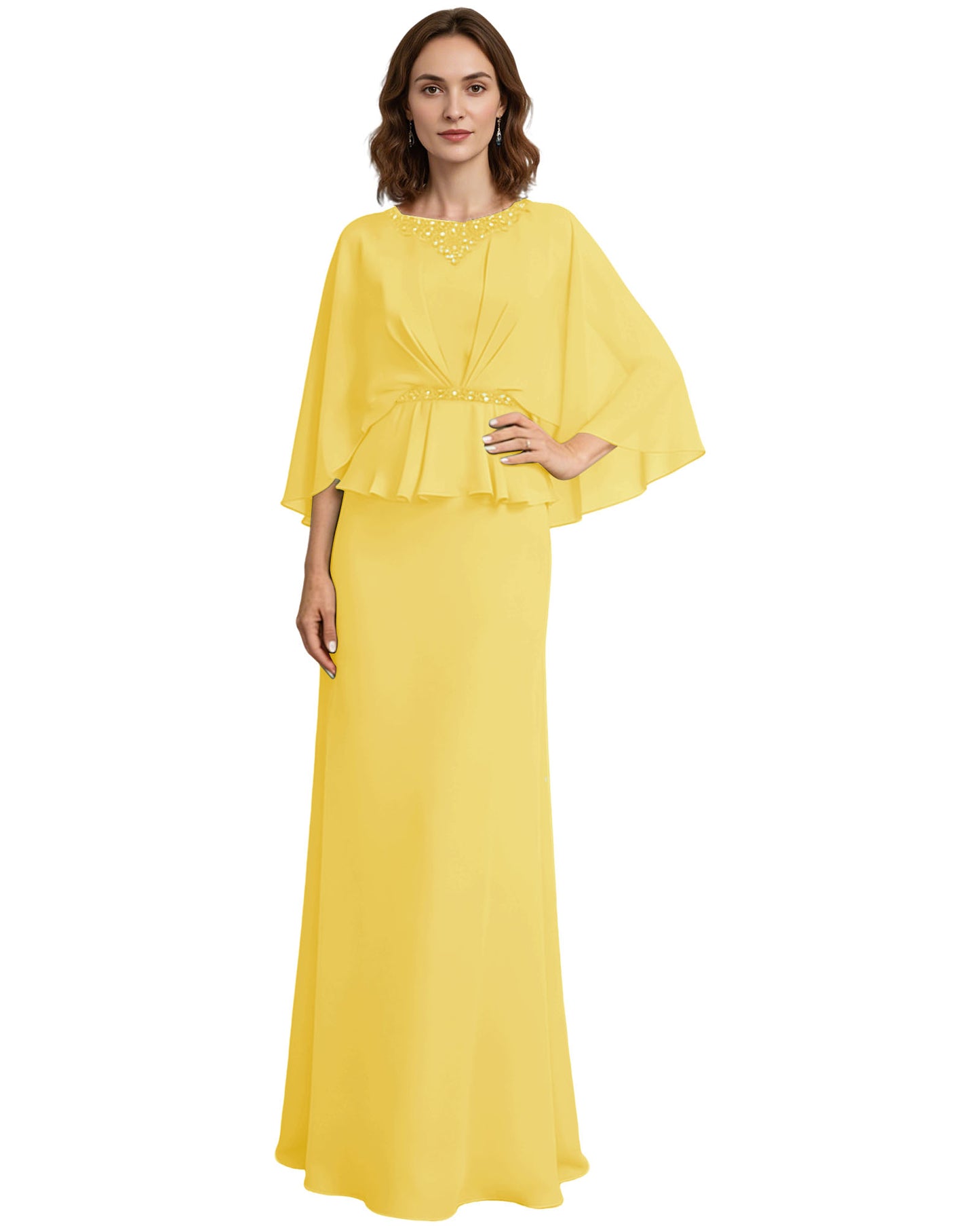 Capelet Mother of the Bride Dress Long Beaded Neck Peplum Chiffon Formal Gown
