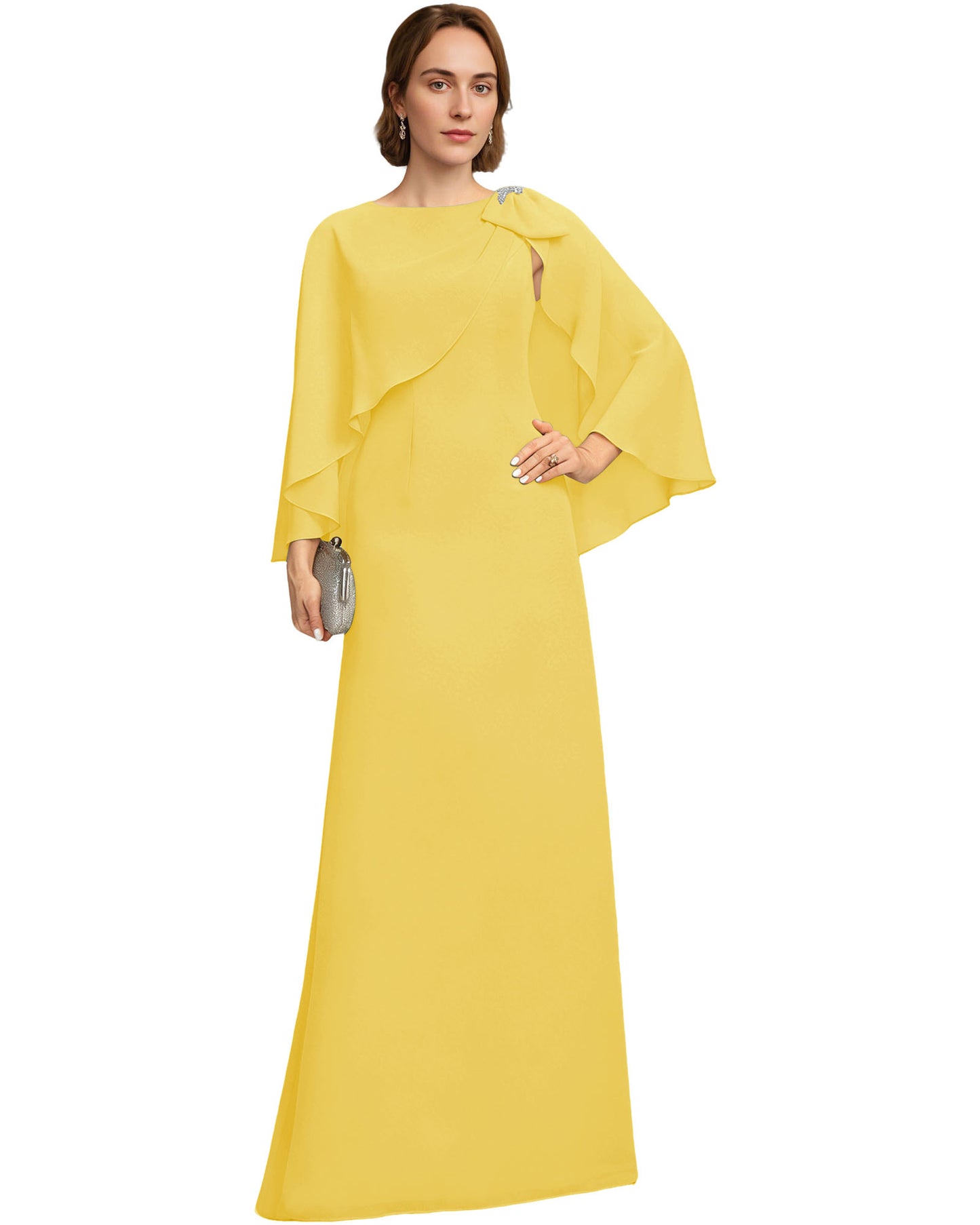 Long Cape Sleeve Mother of the Bride Dress Jewel Neck Chiffon Column Gown with Bow Detail
