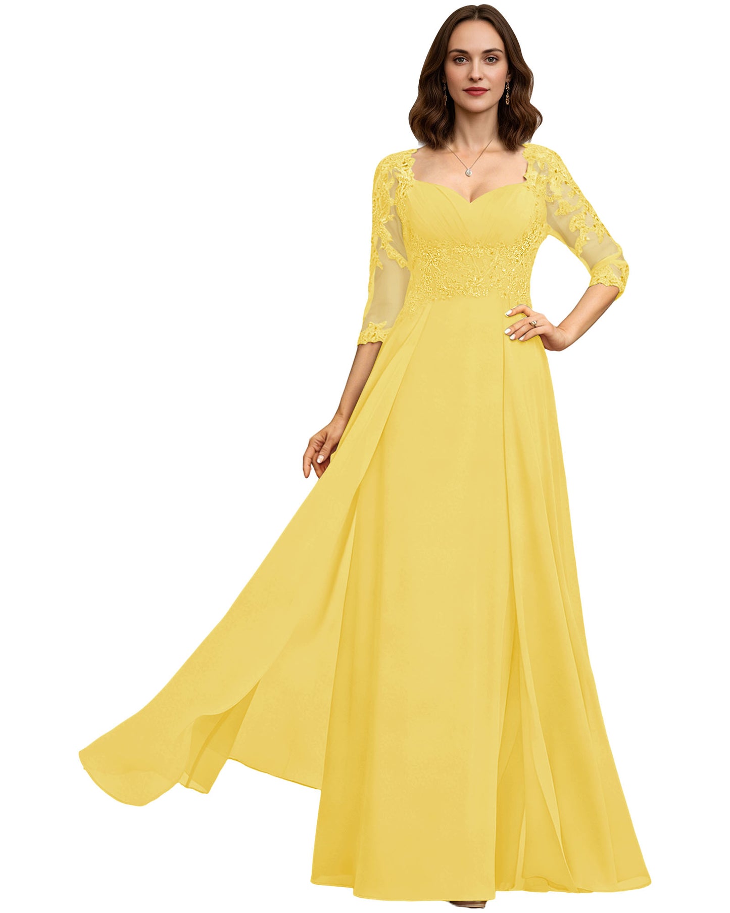 Long Sweetheart Mother of the Bride Dress Lace 3/4 Sleeve Chiffon A-Line Gown