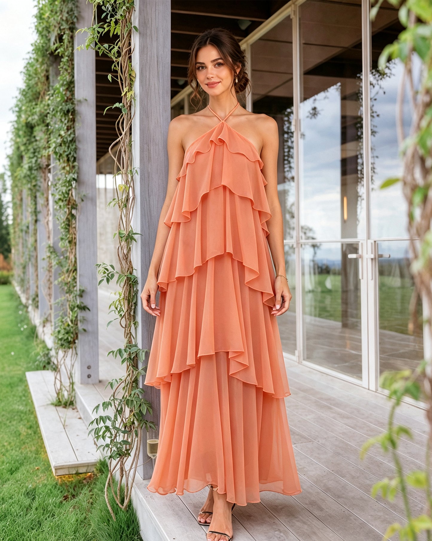 Halter Neck Tiered Chiffon Bridesmaid Dress with Ruffle Overlay