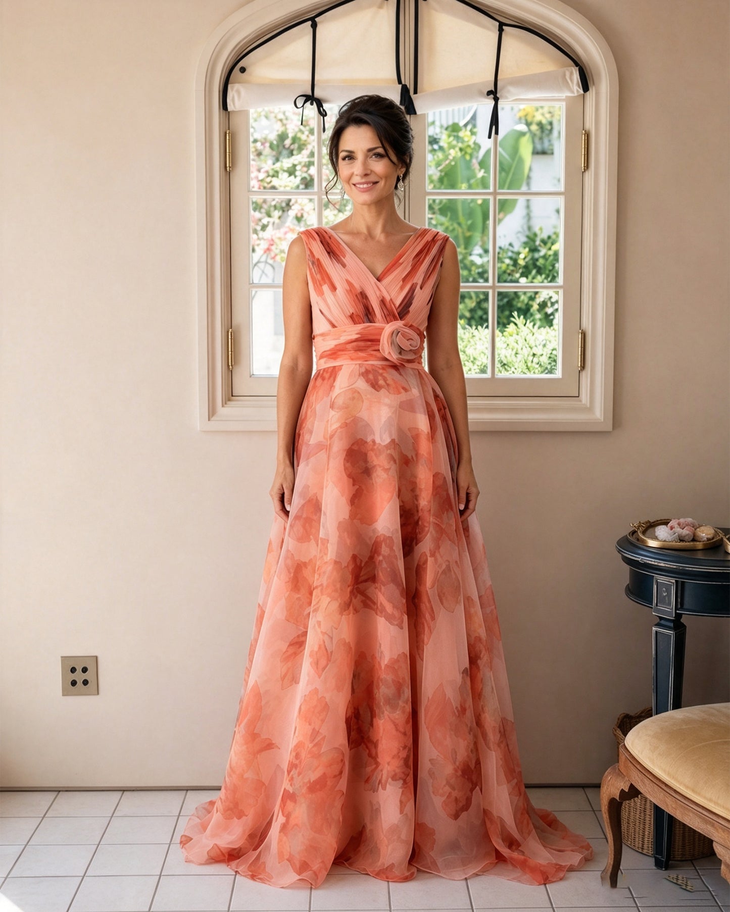 Floral Print V-Neck Chiffon Mother of the Bride Dress with Rosette Sash