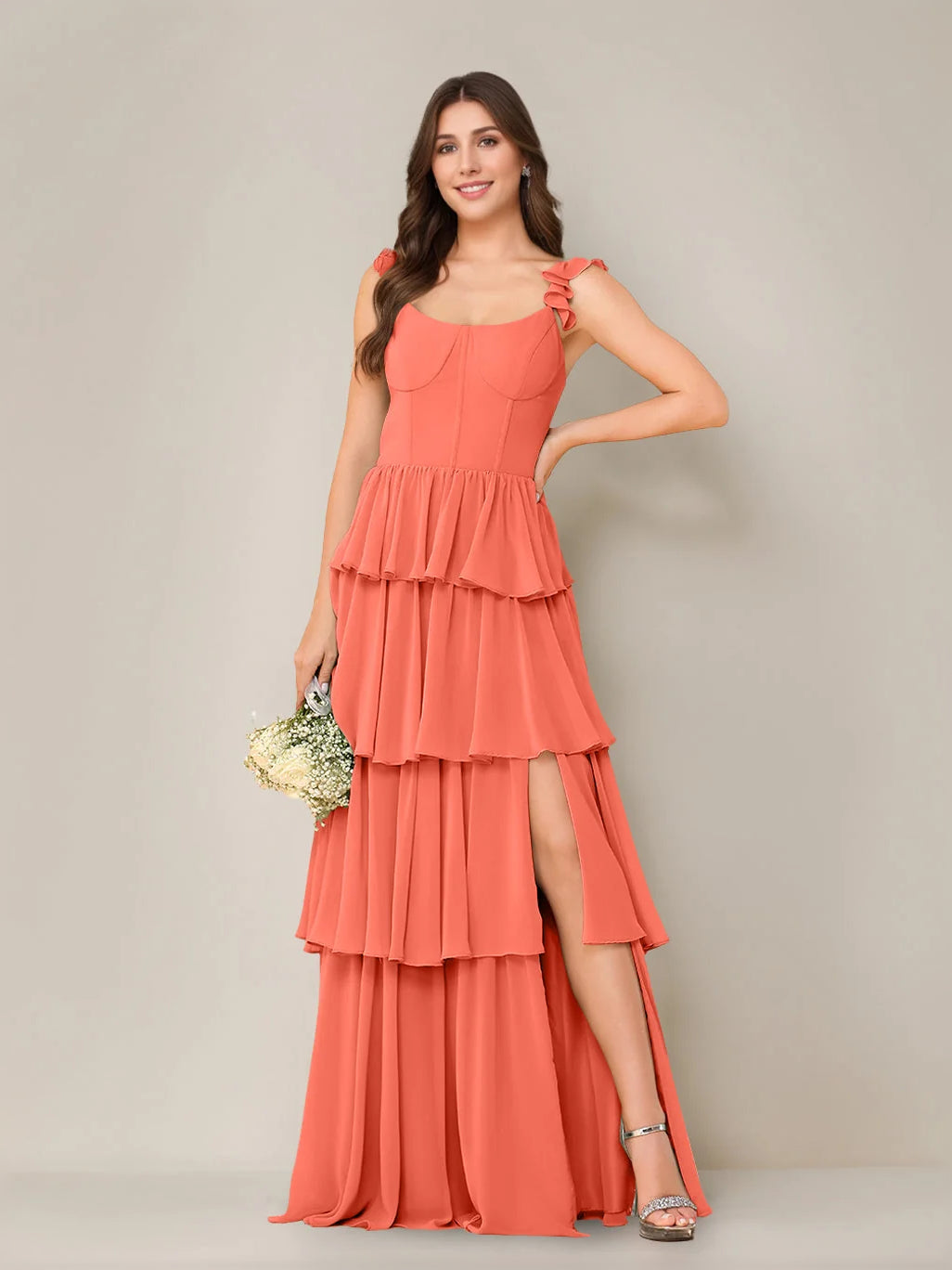 Tiered Ruffled Sweetheart A-Line Maxi Chiffon Bridesmaid Dress for Wedding Ceremony