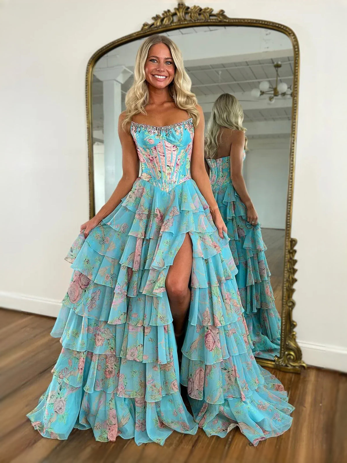 Corset Front-Slit Floral Slit Sweetheart A-Line Floor-Length Chiffon Prom Dress for Celebration Dinner