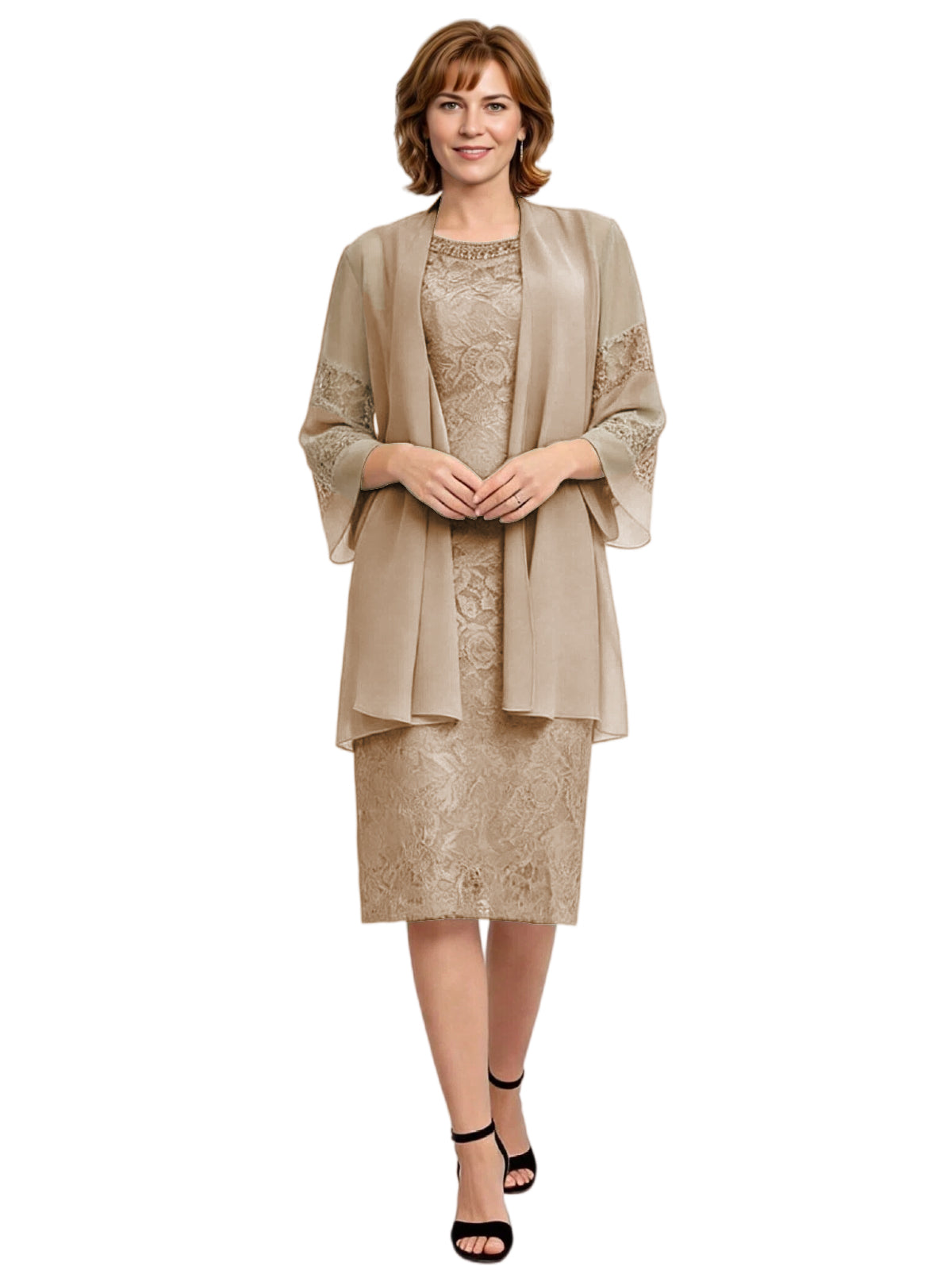 Mother of the Bride Dress with Jacket Knee Length Lace Formal Wedding Guest Outfit