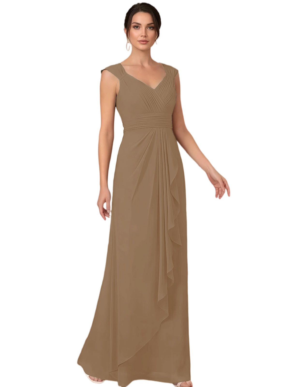 Mother of the Bride Dress Long Sleeveless V-Neck Chiffon Formal Gown with Ruffle Detail