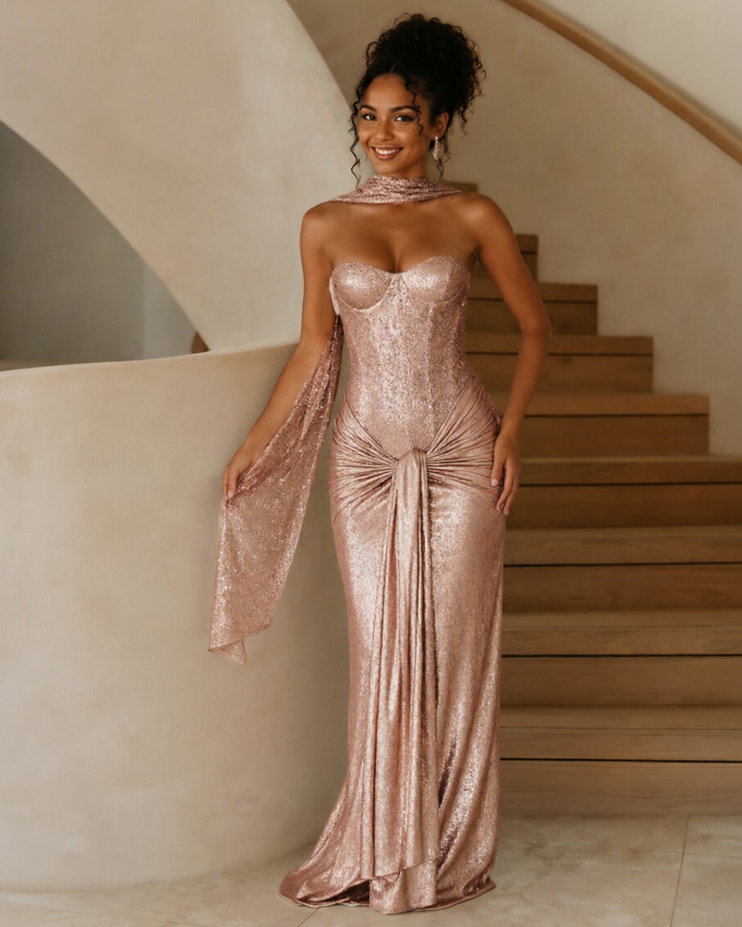 Strapless Sequin Corset Jersey Prom Dress with Draped Scarf Detail