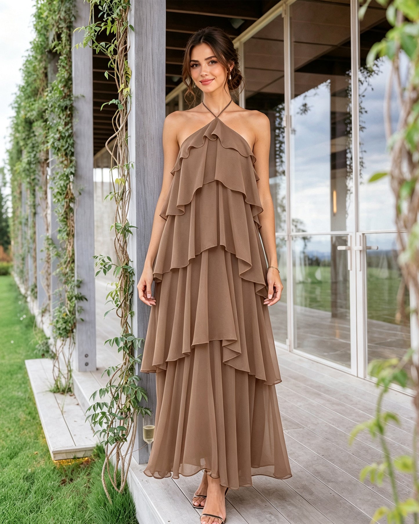 Halter Neck Tiered Chiffon Bridesmaid Dress with Ruffle Overlay