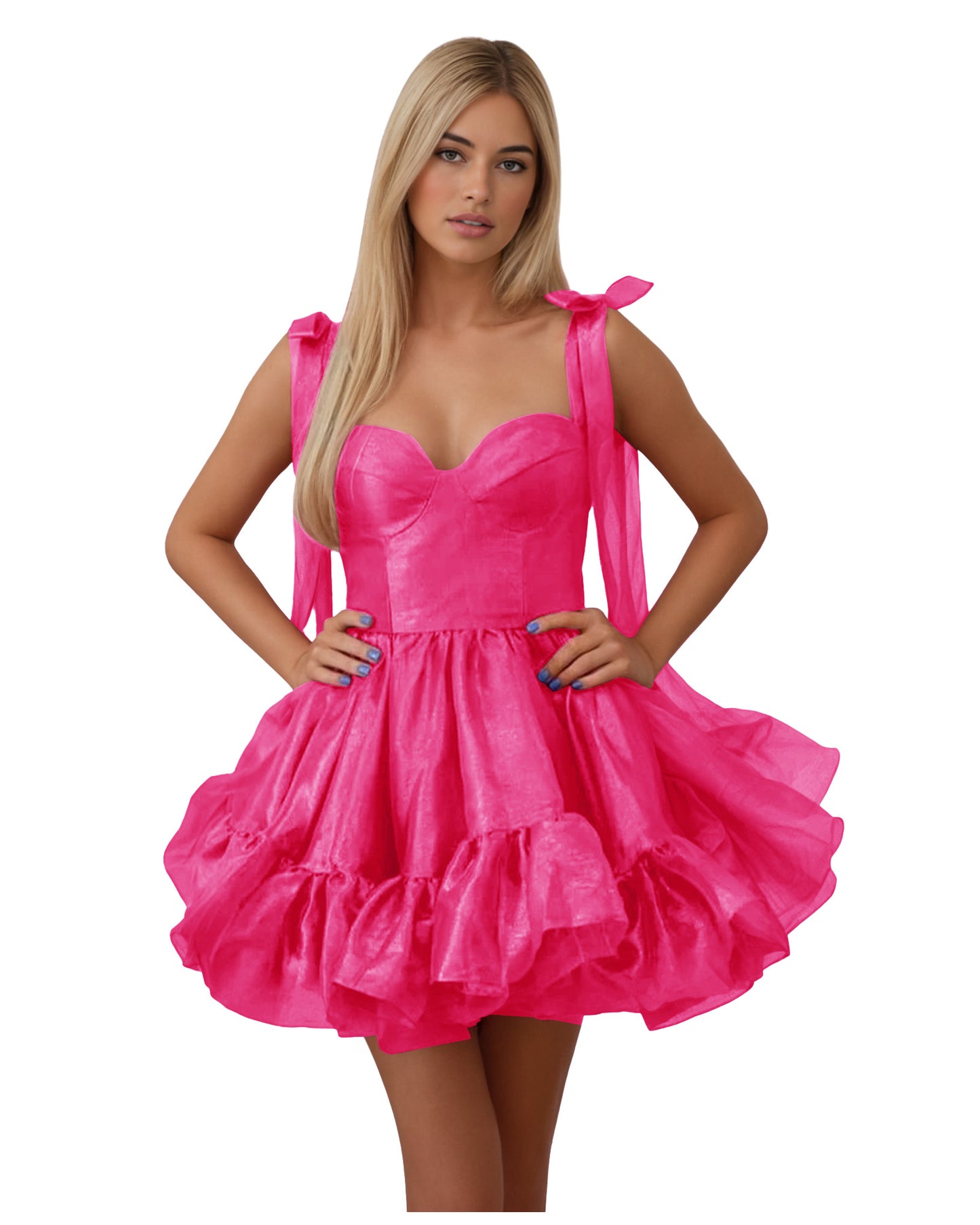 Bow Shoulder Satin Corset Ruffle Homecoming Dress