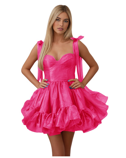 Bow Shoulder Satin Corset Ruffle Homecoming Dress