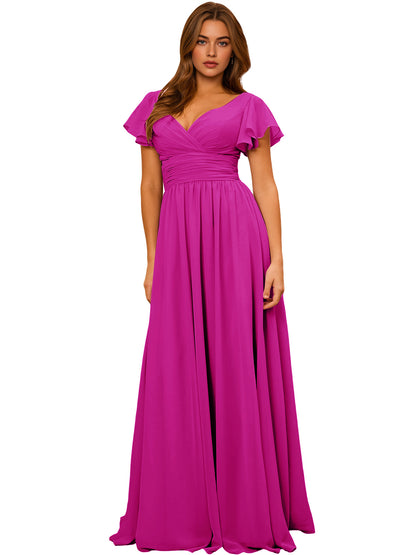 V-Neck Flutter Sleeve Chiffon Bridesmaid Dress with Empire Waist