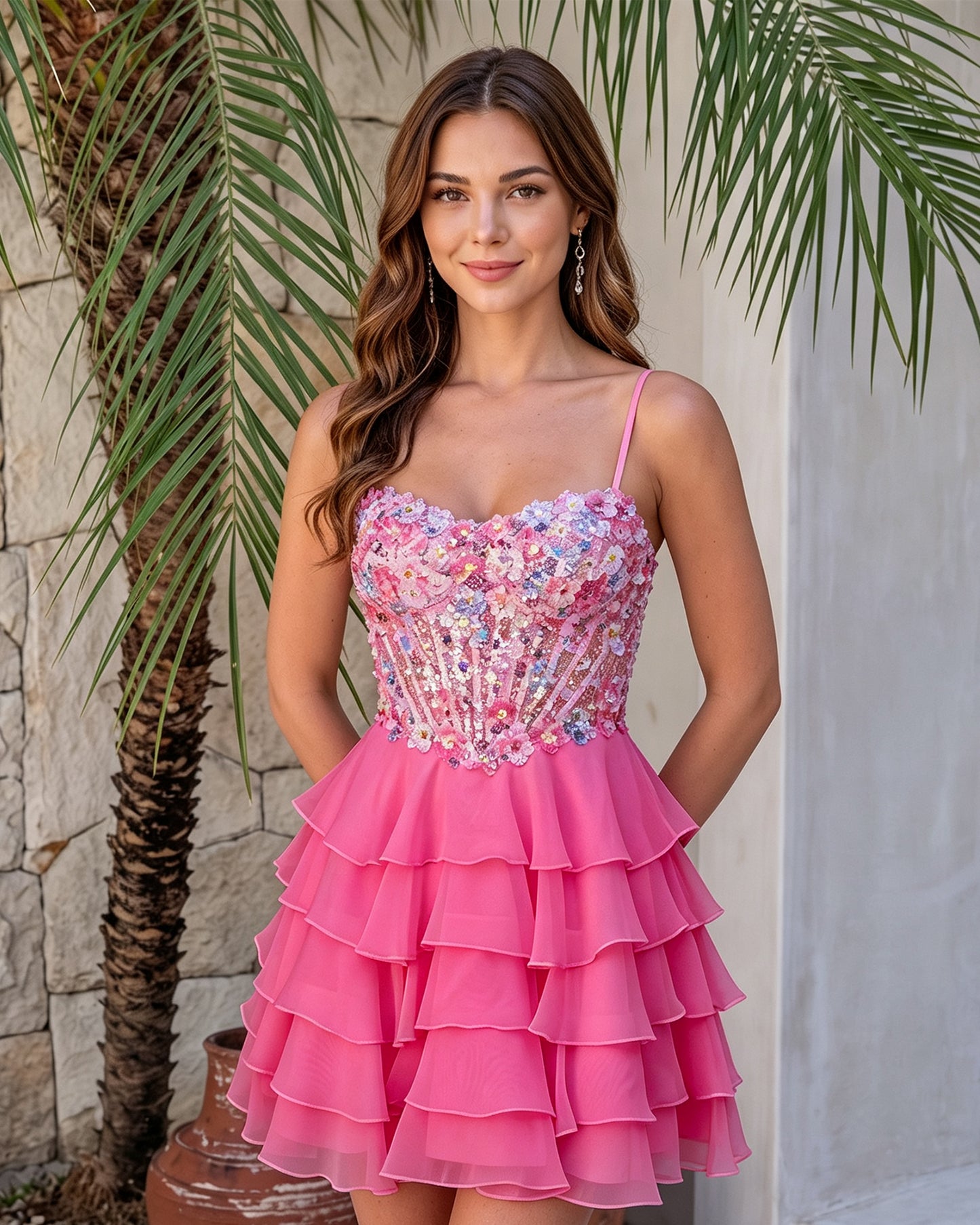 Spaghetti Strap Floral Embroidered Corset Ruffle Mini Homecoming Dress