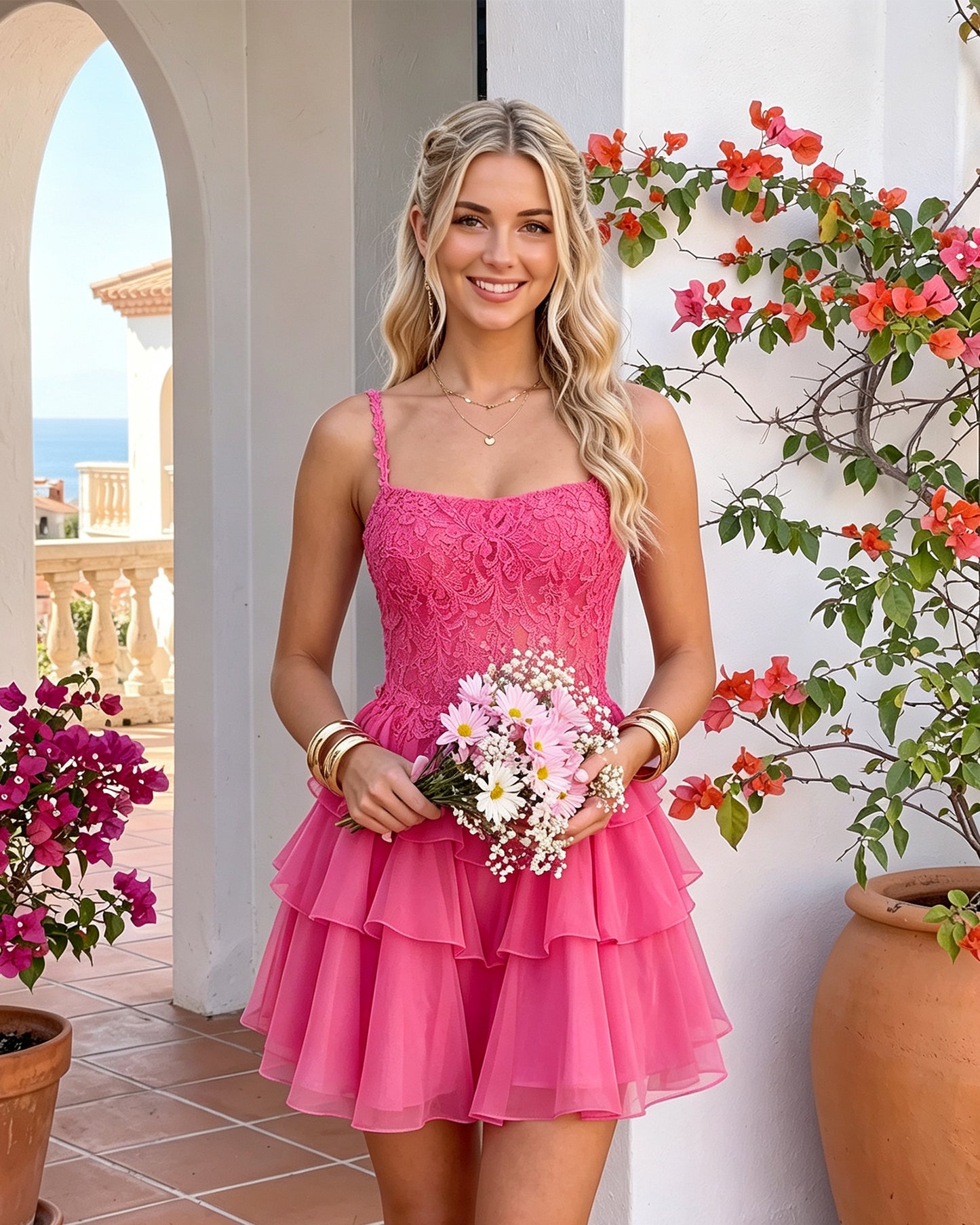 Spaghetti Strap Lace Corset Tiered Chiffon Mini Homecoming Dress