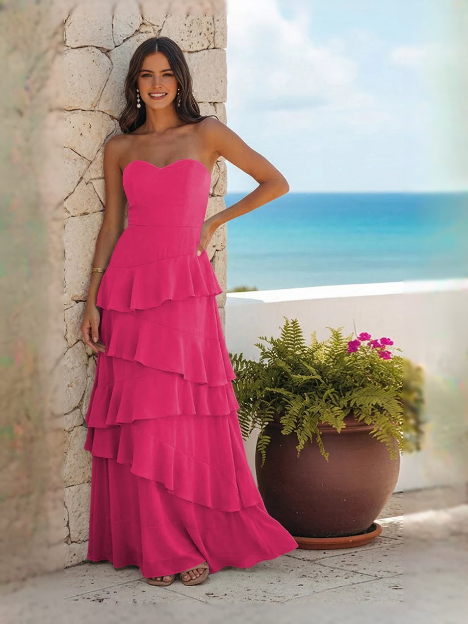 Tiered Layered Ruffled Sweetheart A-Line Maxi Chiffon Bridesmaid Dress for Garden Wedding