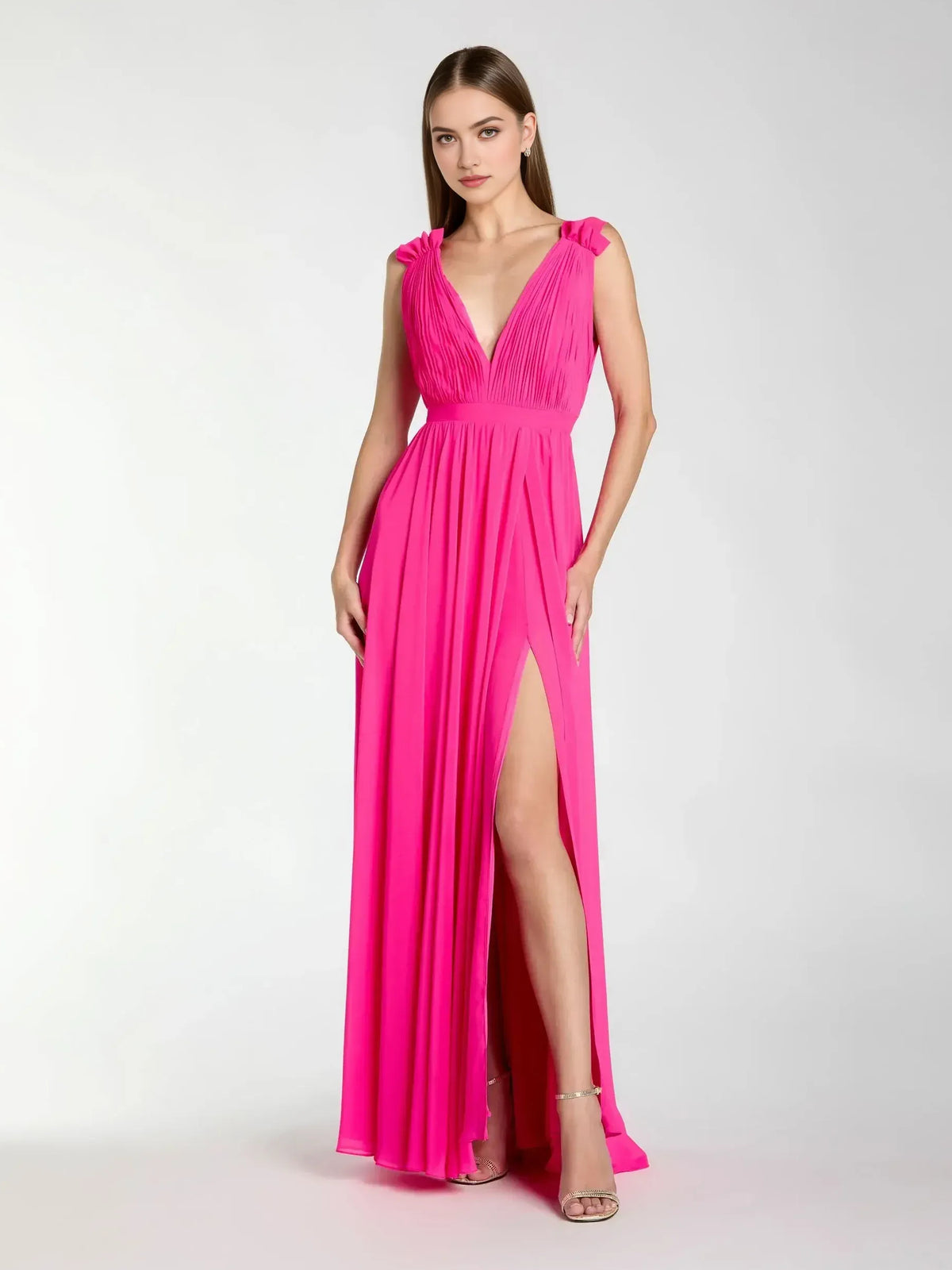V Neck Ruching Ruffles Floor-Length Ethereal Formal Dress