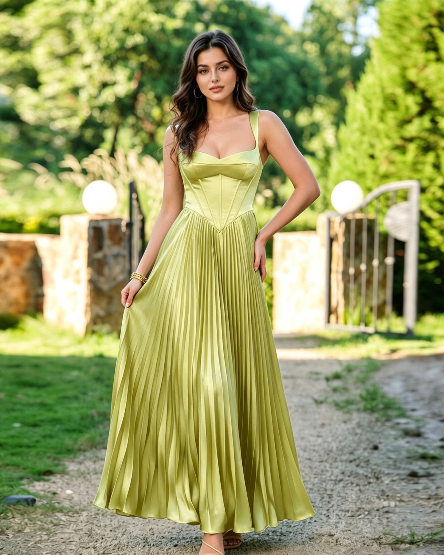 Square Neck Corset Pleated Formal Dress with Midi dress