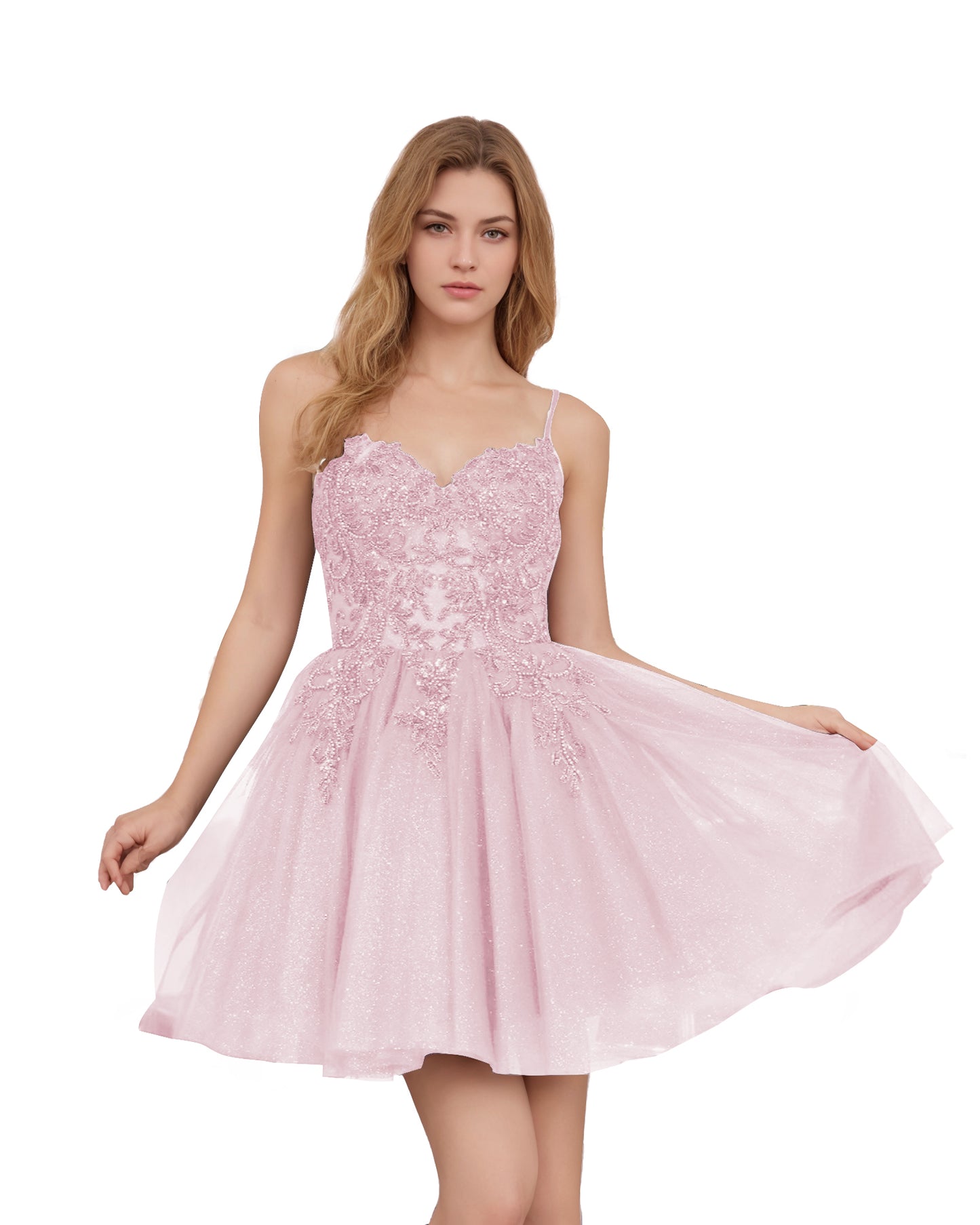 Spaghetti Strap Beaded Corset Glitter Tulle Homecoming Dress