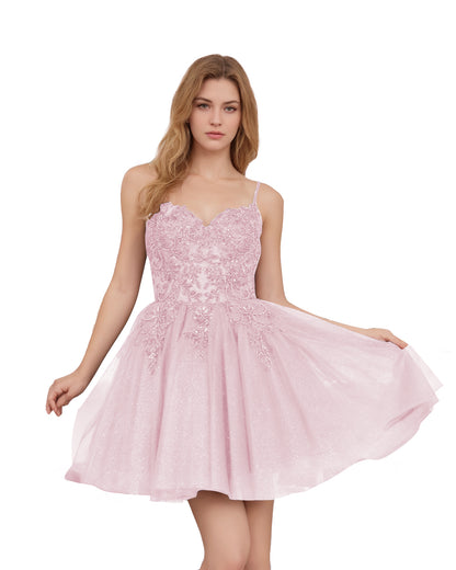 Spaghetti Strap Beaded Corset Glitter Tulle Homecoming Dress