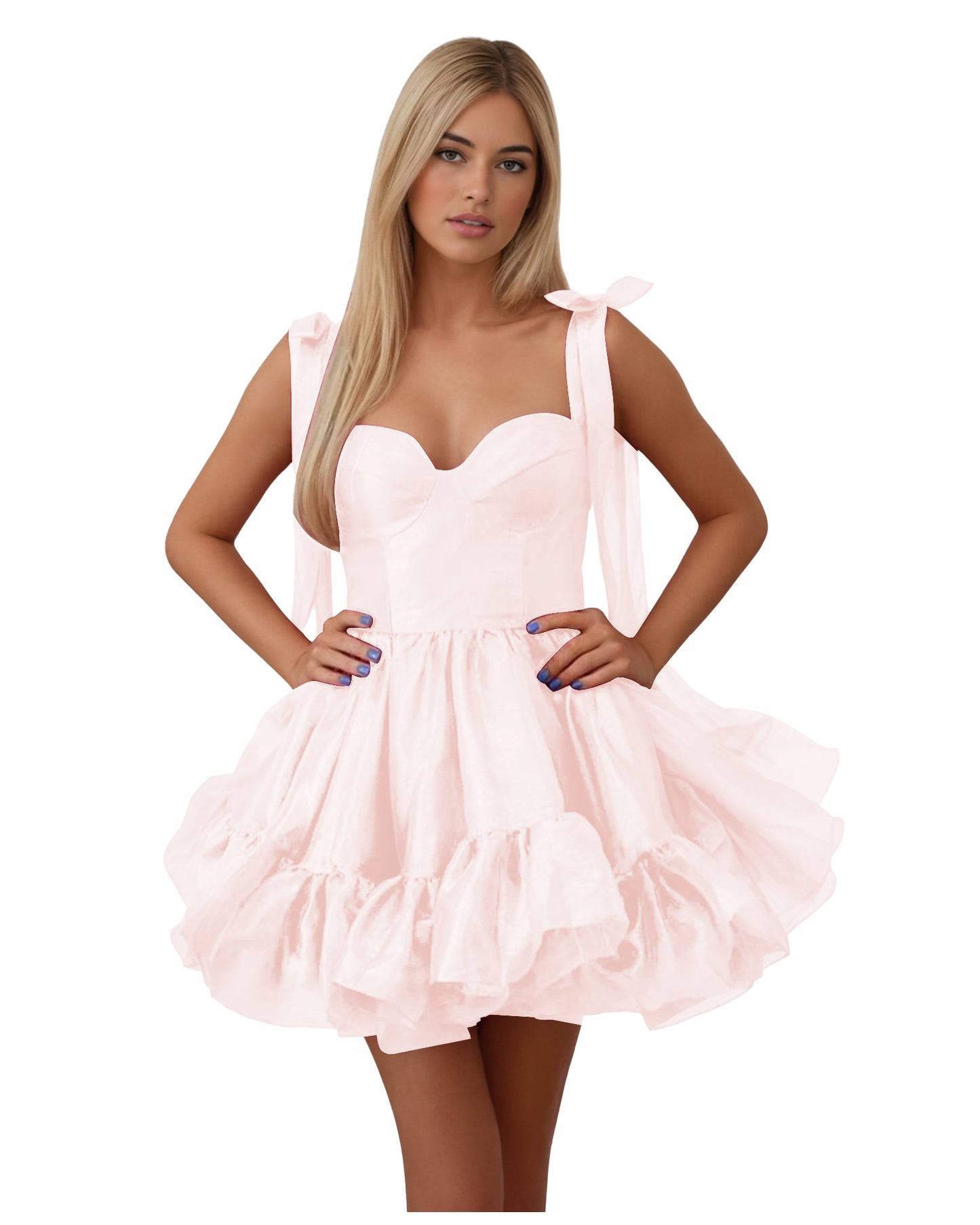 Bow Shoulder Satin Corset Ruffle Homecoming Dress