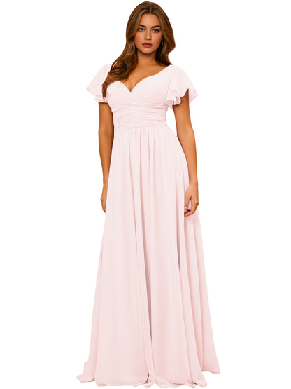 V-Neck Flutter Sleeve Chiffon Bridesmaid Dress with Empire Waist