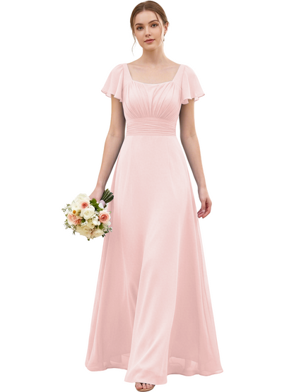 Square Neck Chiffon Bridesmaid Dress with Flutter Sleeves and Lace-Up Back