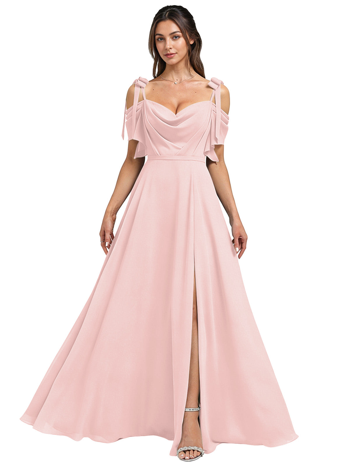 Cowl Neck Cold Shoulder Bridesmaid Dress with High Slit Chiffon Dress