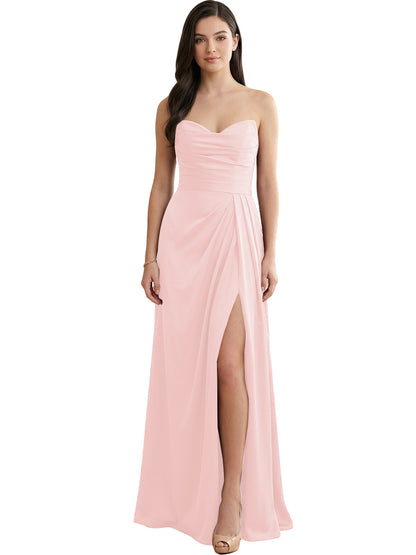 Strapless Pleated Satin Bridesmaid Dress with Side Slit