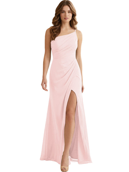 One Shoulder Ruched Chiffon Bridesmaid Dress with Front Slit