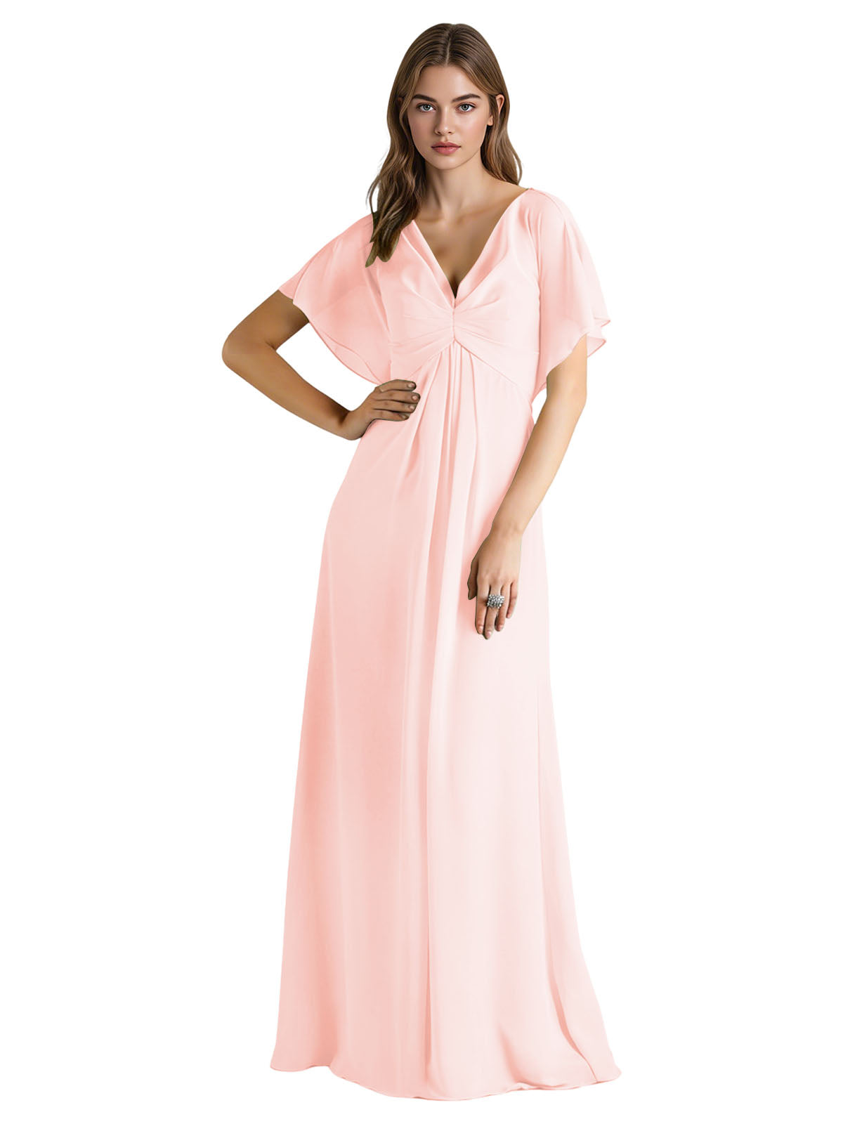 Short Sleeve V-Neck Chiffon Bridesmaid Dress with Gathered Waist