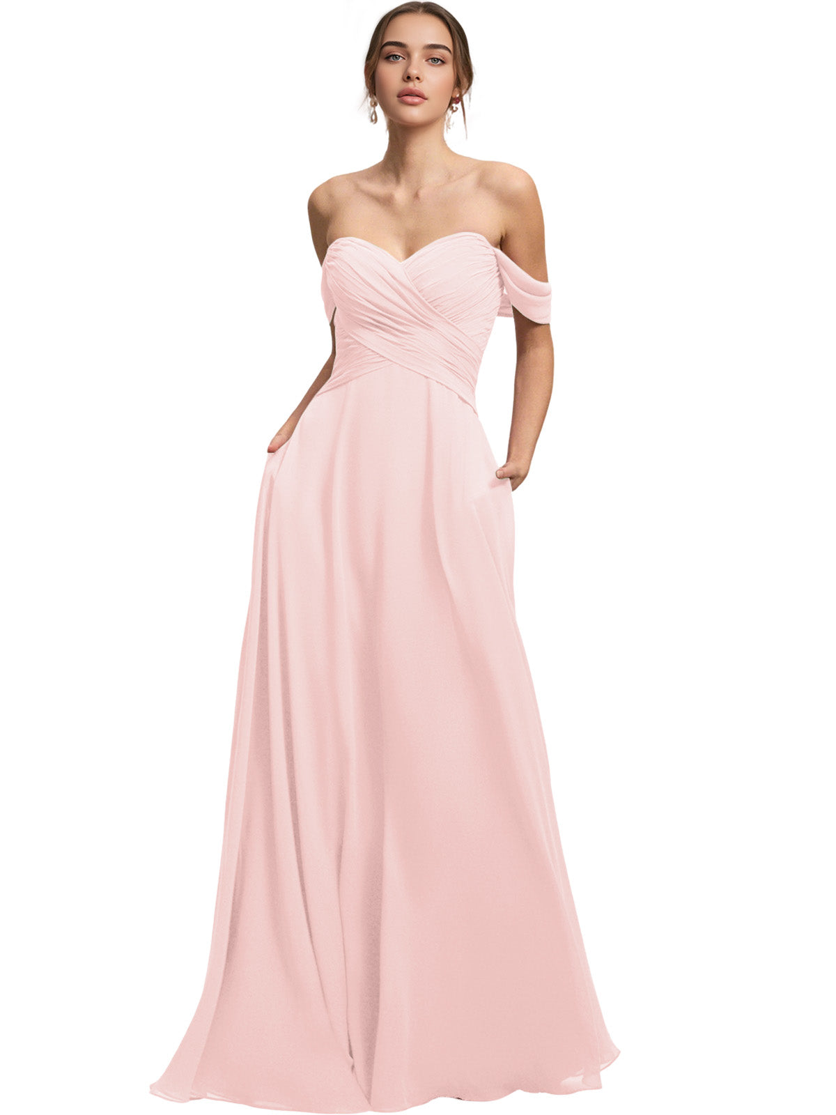 Off Shoulder Chiffon Bridesmaid Dress with Draped Bodice and A-Line Dress