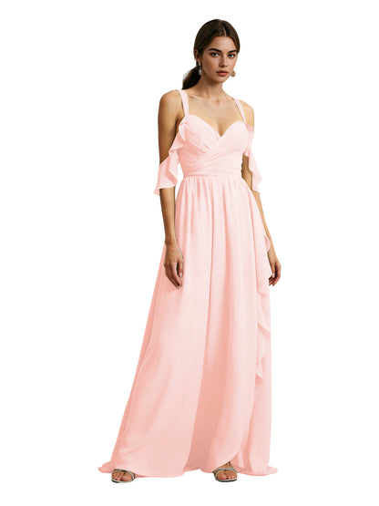 Cold Shoulder Chiffon Bridesmaid Dress with Draped V-Neck Bodice