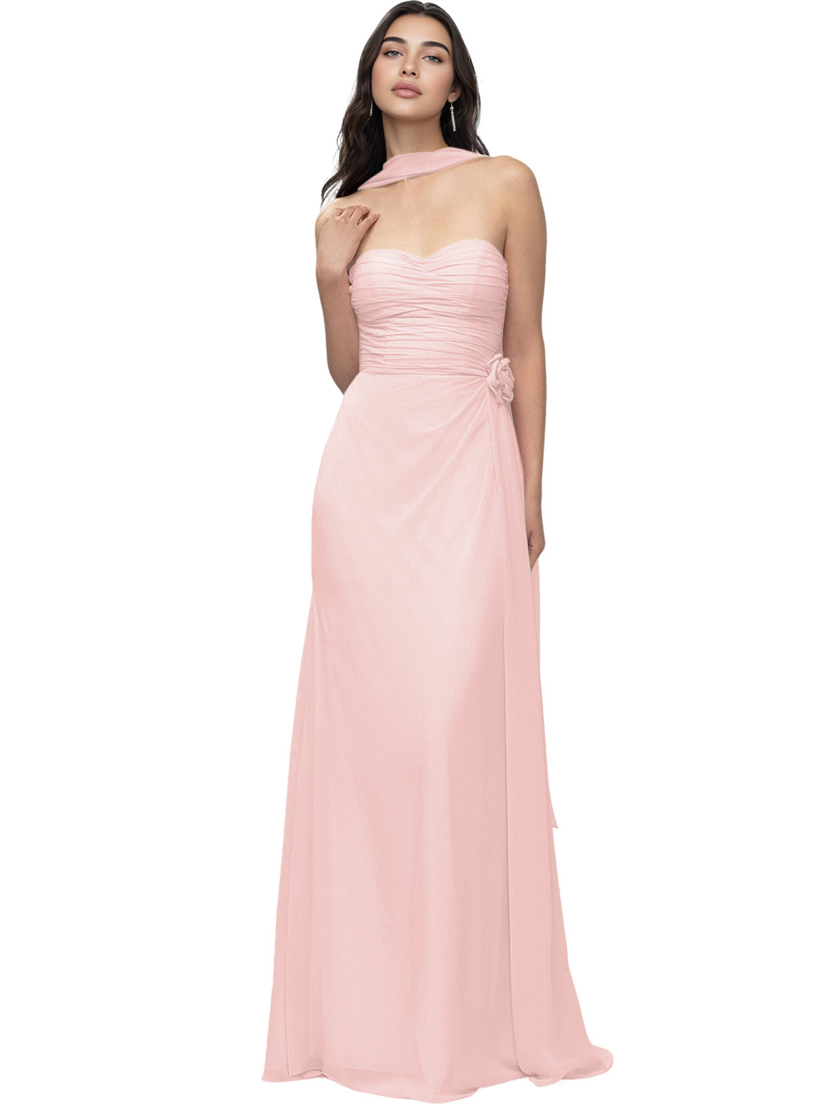 Strapless Chiffon Bridesmaid Dress with Wrapped Bodice and Slit Dress