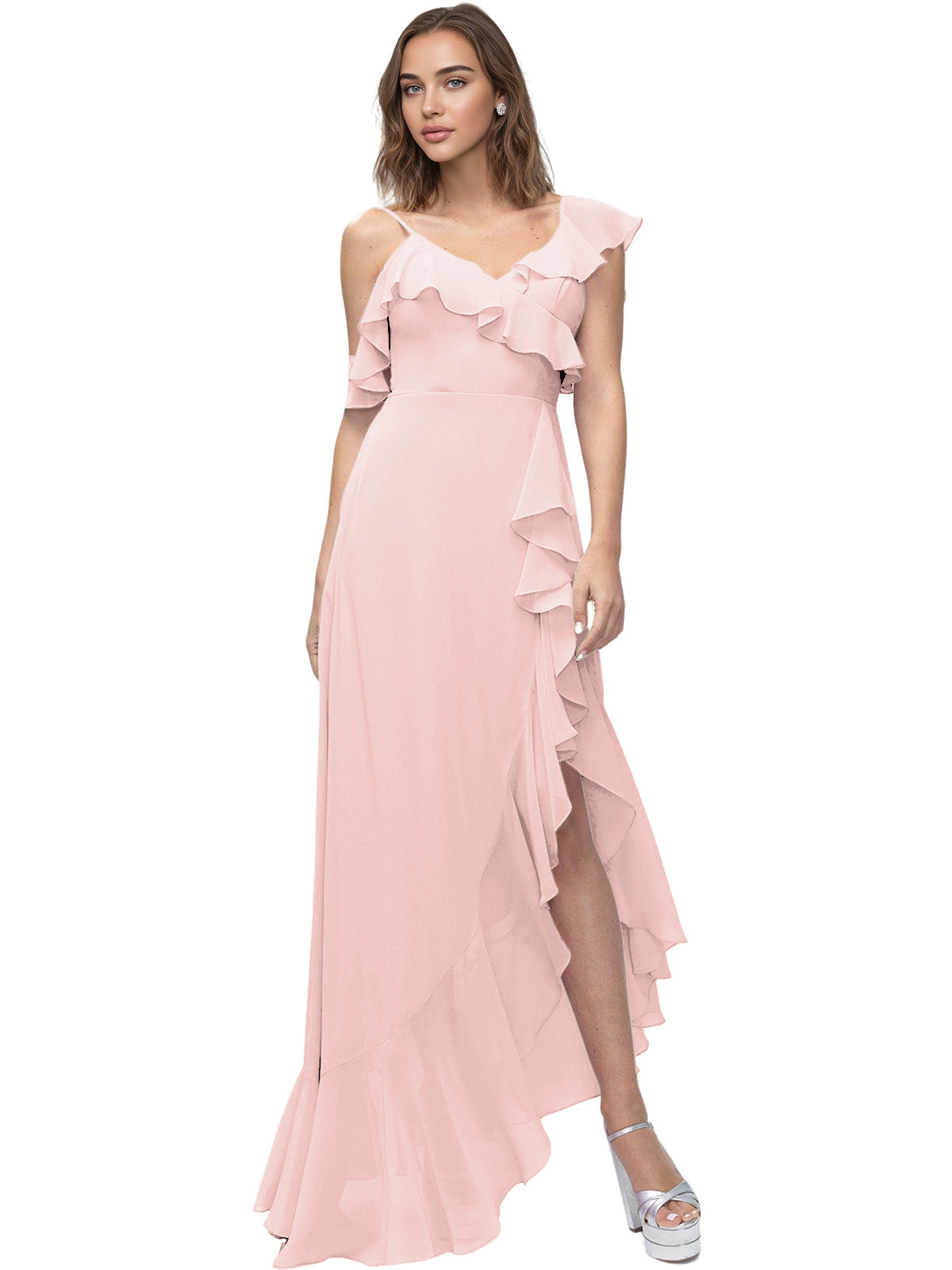 Asymmetrical Ruffle Chiffon Bridesmaid Dress with High Low Slit