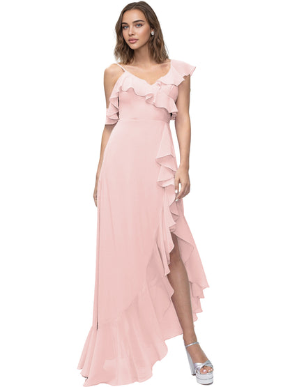 Asymmetrical Ruffle Chiffon Bridesmaid Dress with High Low Slit