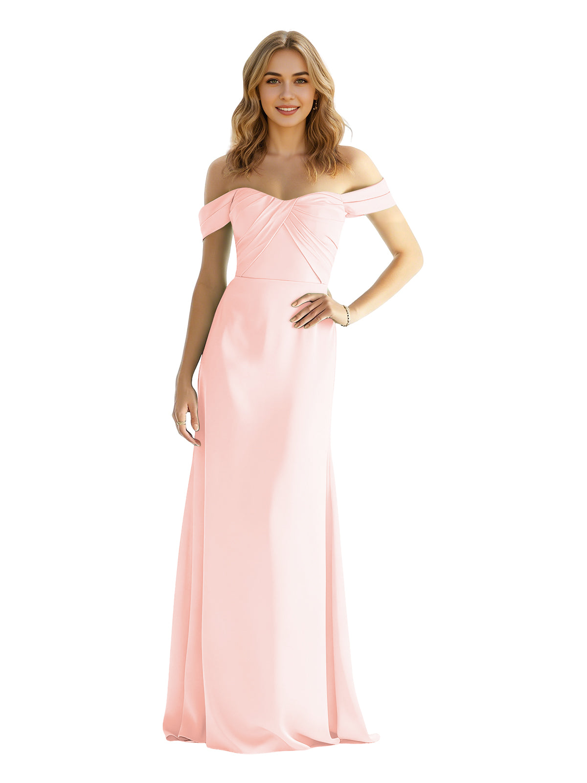 Sweetheart Off Shoulder Satin Bridesmaid Dress with Wrapped Bodice