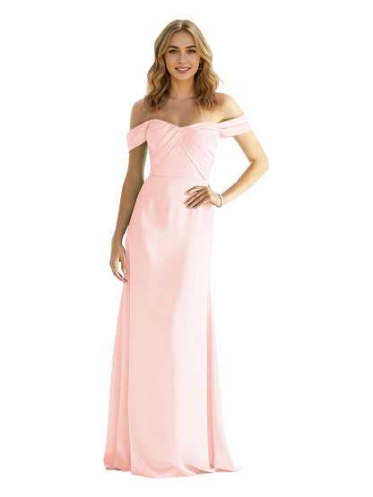Sweetheart Off Shoulder Satin Bridesmaid Dress with Wrapped Bodice