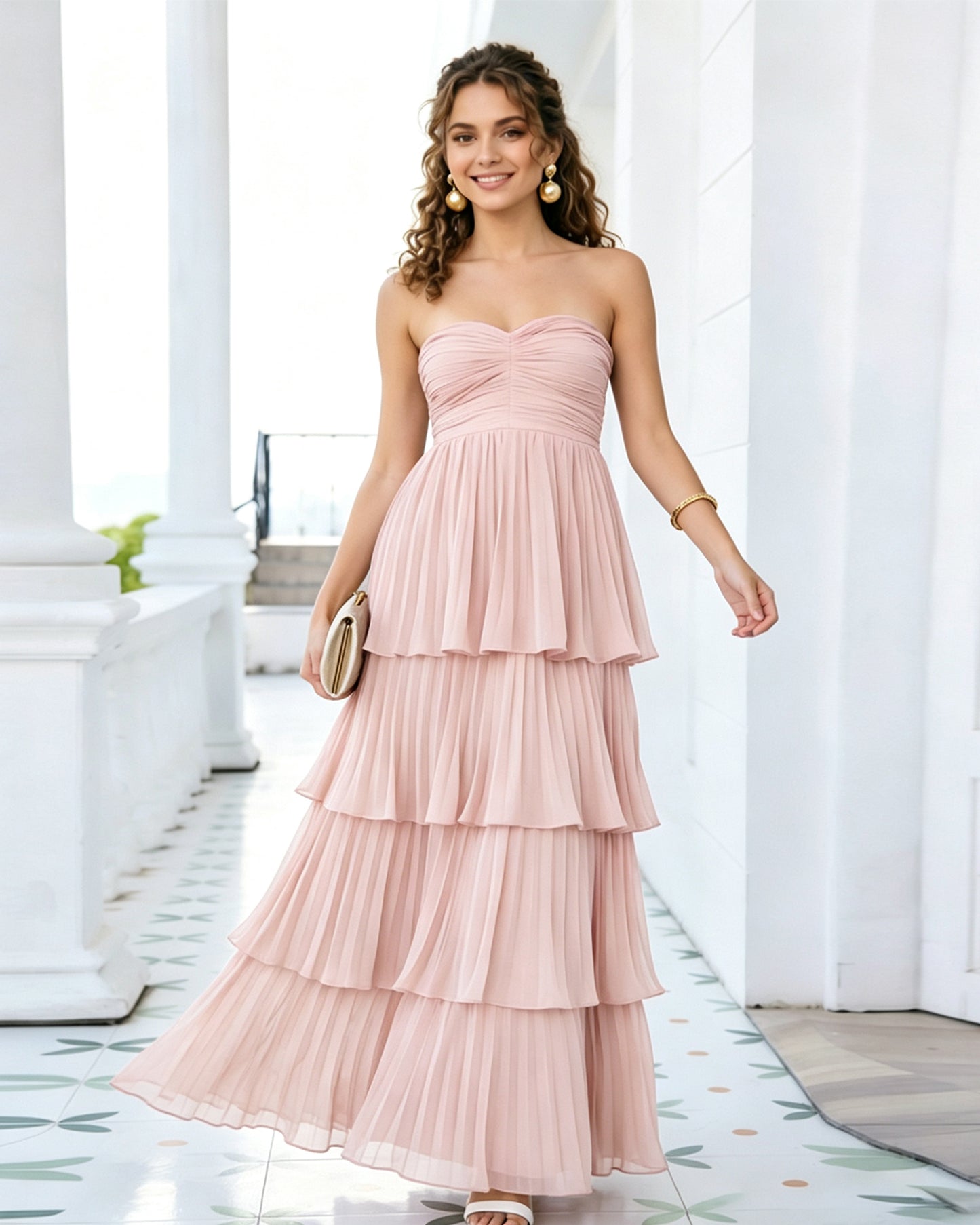 Strapless Tiered Pleated Formal Dress with Ruffle dress
