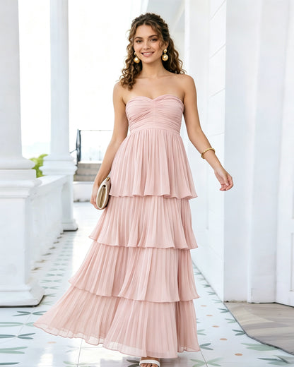 Strapless Tiered Pleated Formal Dress with Ruffle dress
