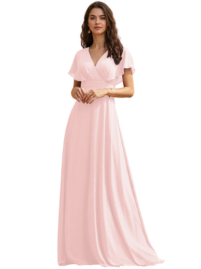 Flutter Sleeve V-Neck Chiffon Bridesmaid Dress with Flowing dress