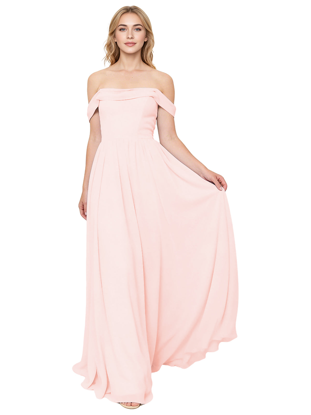 Off Shoulder Pleated Chiffon Bridesmaid Dress with Flowing A-Line Dress